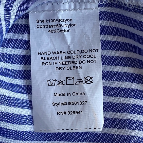 Suzanne Betro Chambray Stripe Wrap Top Blouse Tiered Ruffle Sleeves Lace Insert - Picture 7 of 8